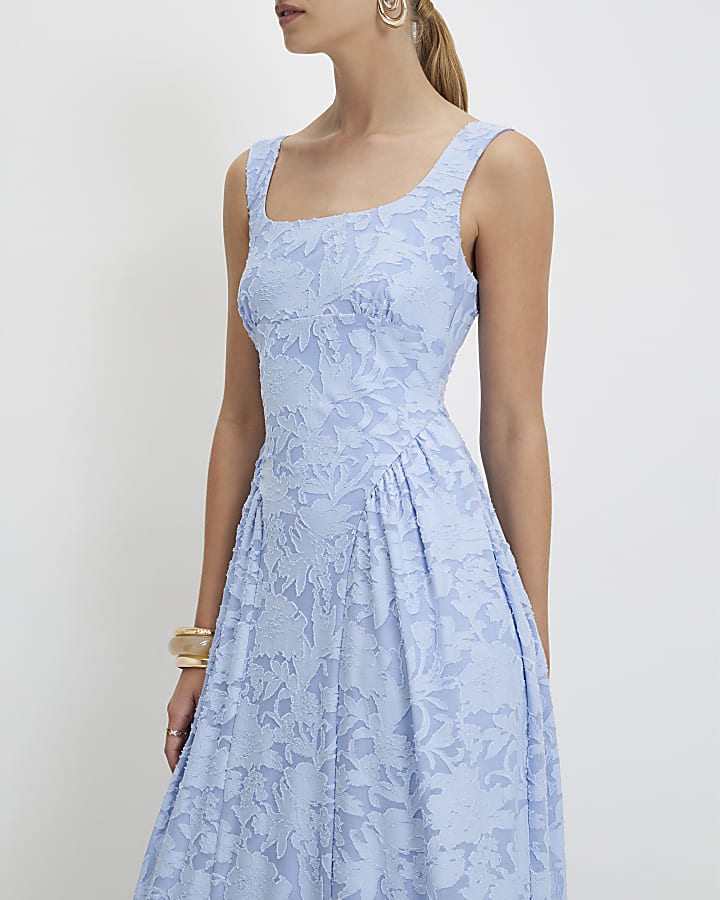 Blue Sleeveless Devore Burnout Midi Dress