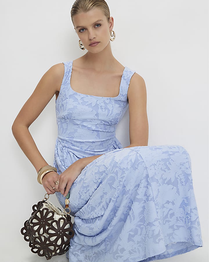 Blue Sleeveless Devore Burnout Midi Dress