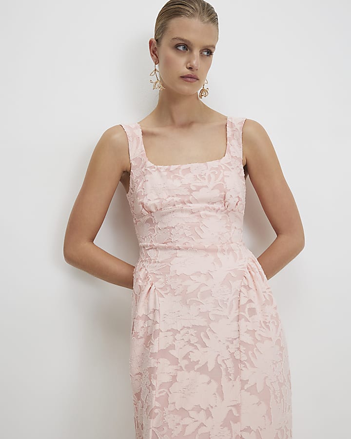 Pink Sleeveless Devore Burnout Midi Dress