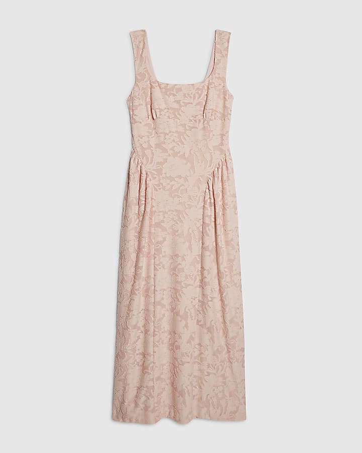 Pink Sleeveless Devore Burnout Midi Dress