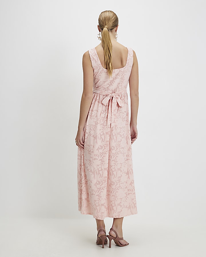 Pink Sleeveless Devore Burnout Midi Dress