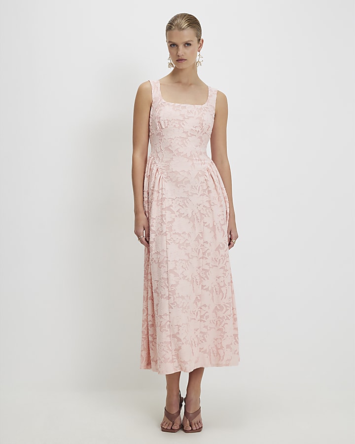 Pink Sleeveless Devore Burnout Midi Dress
