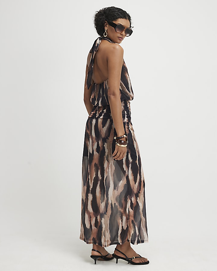 Beige Animal Print Halter Neck Midi Dress