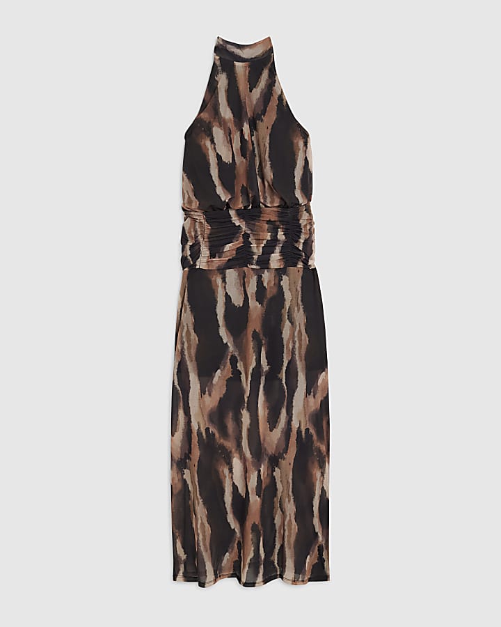 Beige Animal Print Halter Neck Midi Dress