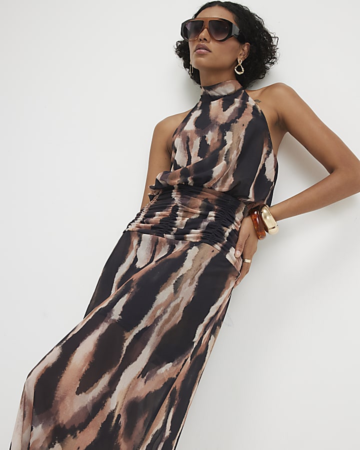 Beige Animal Print Halter Neck Midi Dress