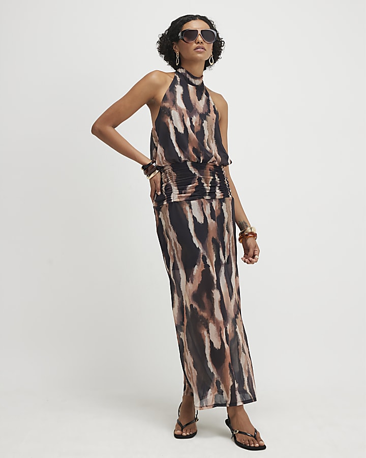 Beige Animal Print Halter Neck Midi Dress