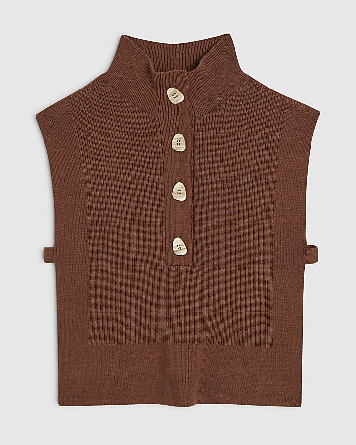 Brown Funnel Neck Knitted Tank