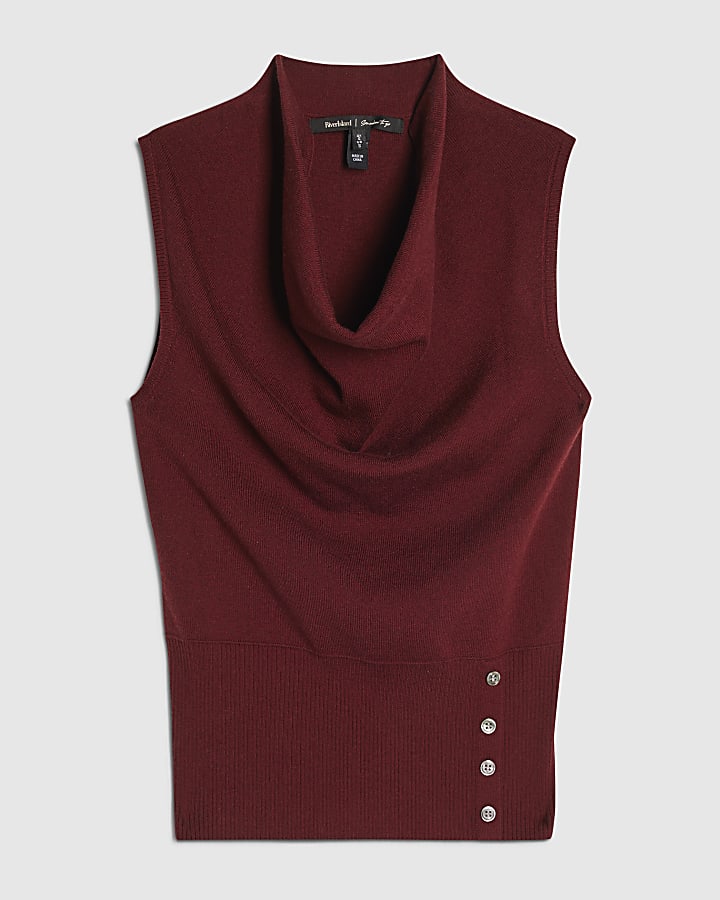 Red Knitted Cowl Neck Tank Top