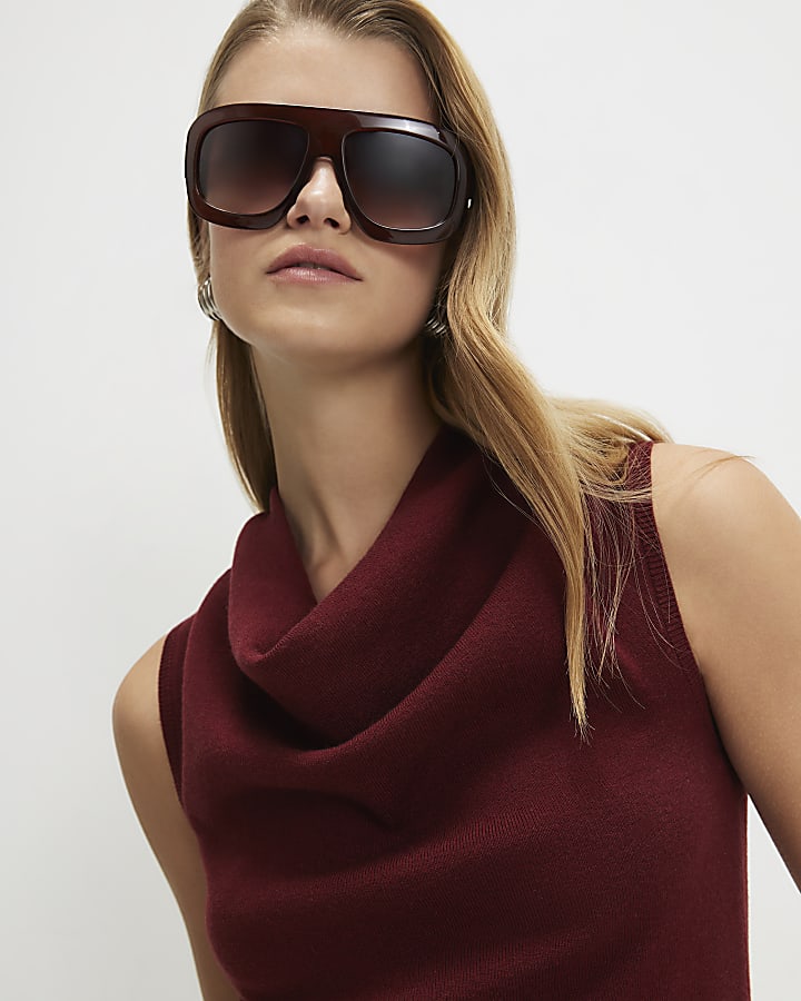 Red Knitted Cowl Neck Tank Top