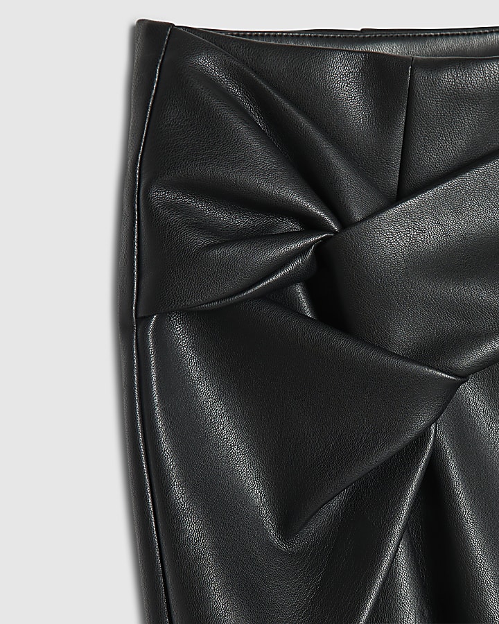 Black Faux Leather Side Twist Midi Skirt