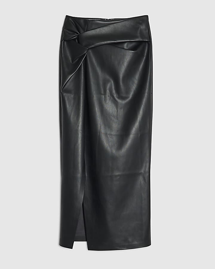 Black Faux Leather Side Twist Midi Skirt