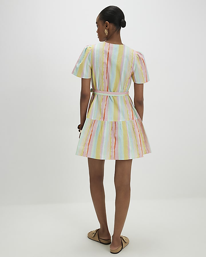 Pink Neon Cotton Striped Cutwork Shirt Dress