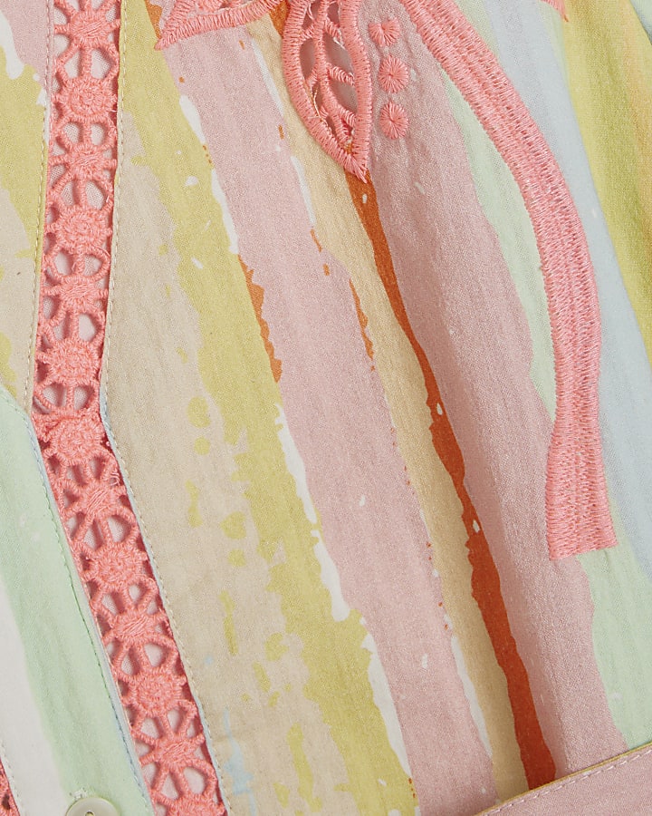 Pink Neon Cotton Striped Cutwork Shirt Dress