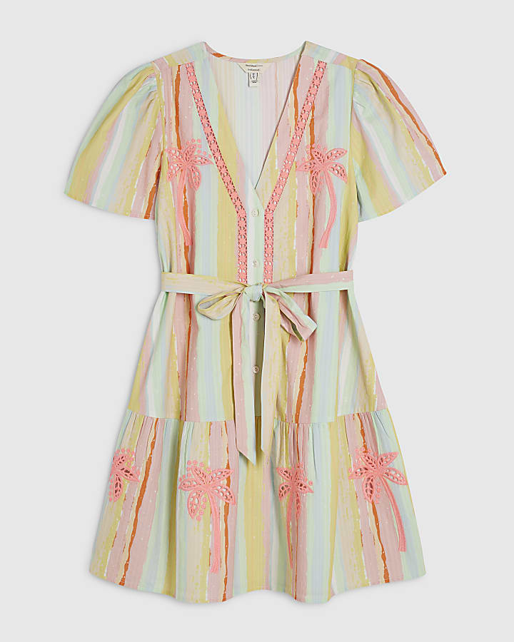 Pink Neon Cotton Striped Cutwork Shirt Dress