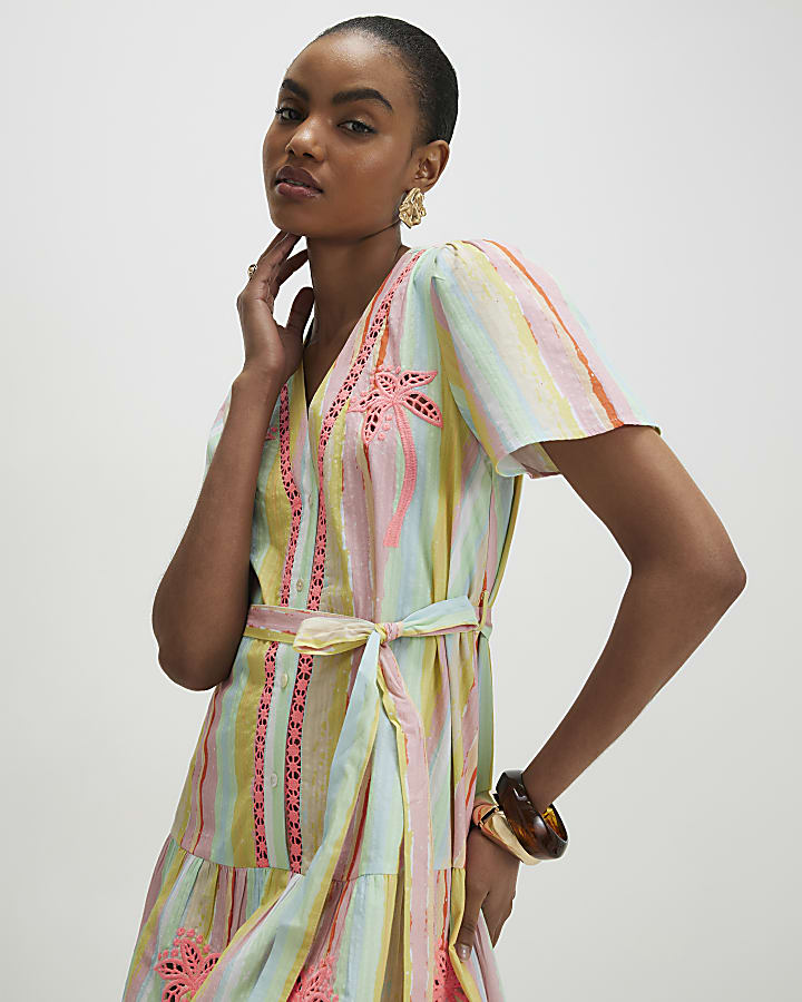 Pink Neon Cotton Striped Cutwork Shirt Dress