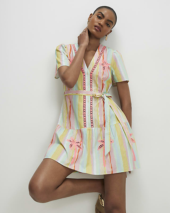 Pink Neon Cotton Striped Cutwork Shirt Dress