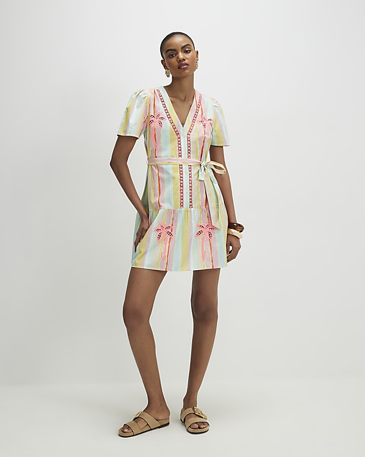 Pink Neon Cotton Striped Cutwork Shirt Dress