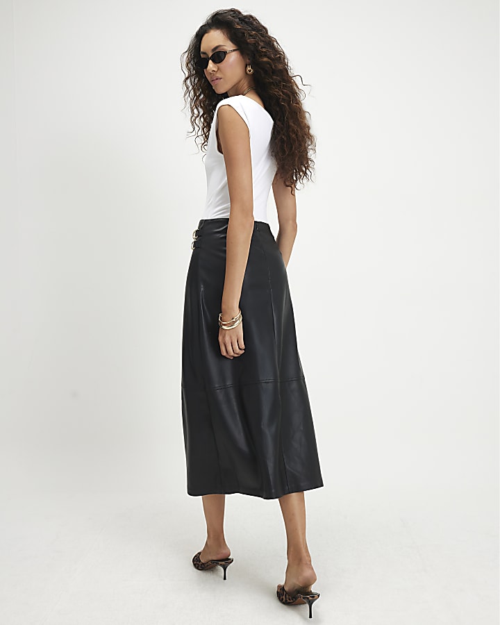 Black Buckle Detail Wrap Midi Skirt