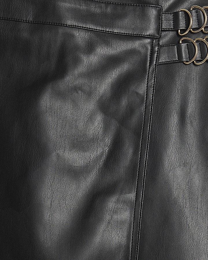 Black Buckle Faux Leather Wrap Midi Skirt