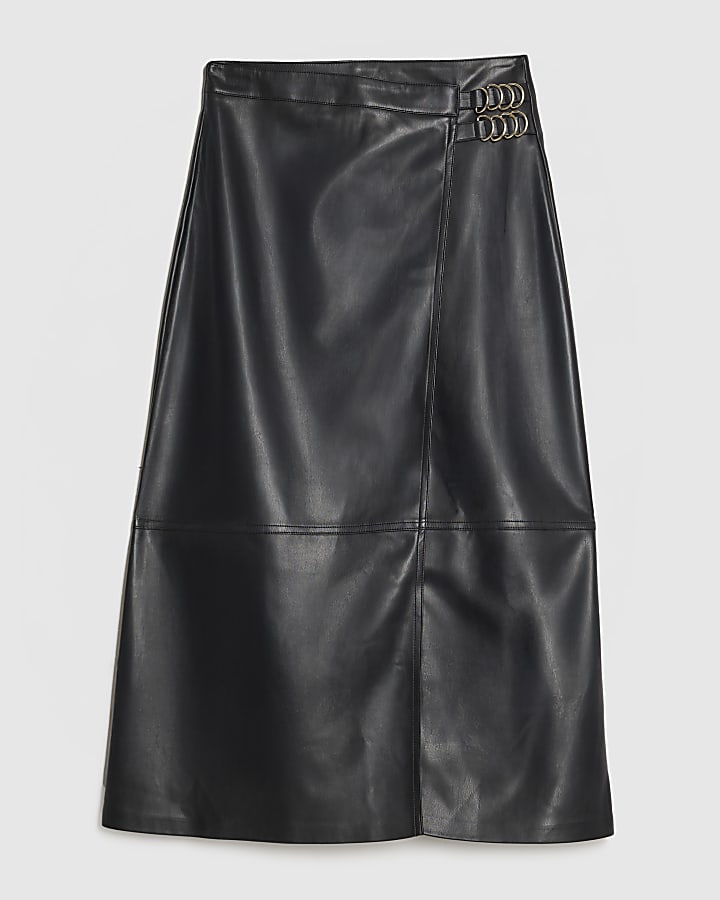Black Buckle Faux Leather Wrap Midi Skirt
