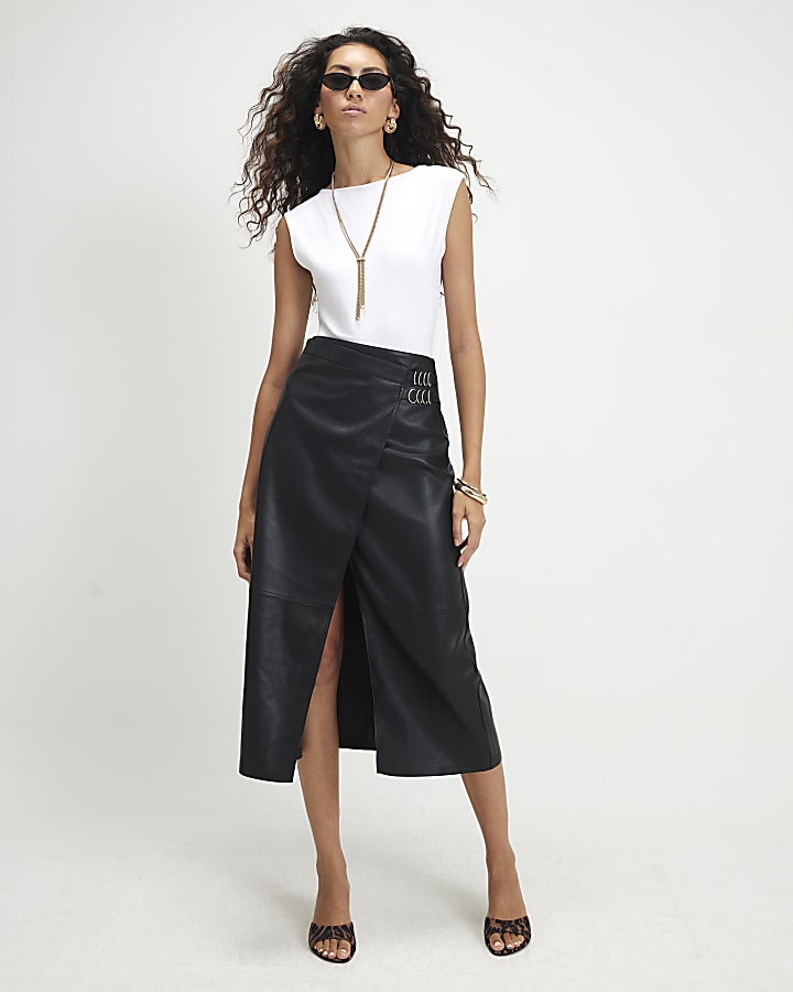 Black Buckle Detail Wrap Midi Skirt