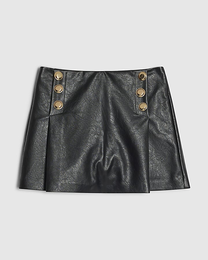 Black Faux Leather Button Detail Skort
