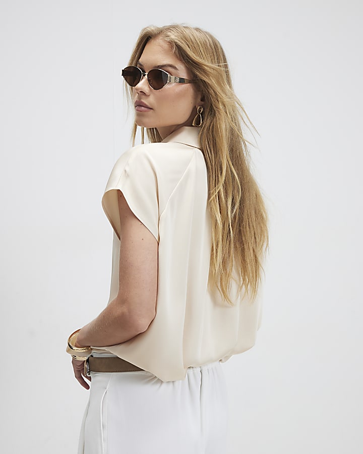 Cream Satin Short Sleeve Shirt