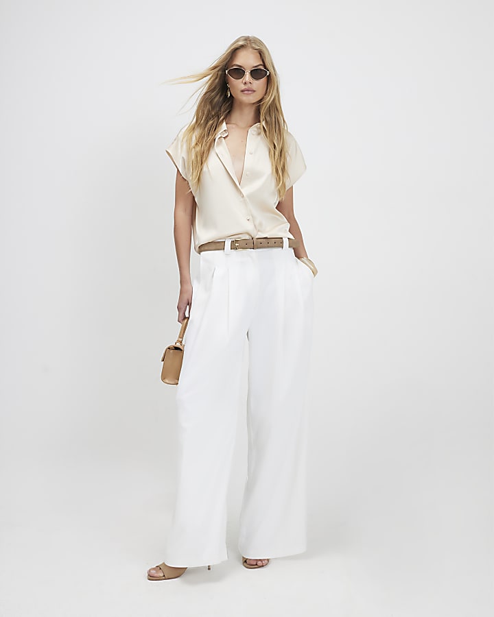 Cream Satin Short Sleeve Shirt