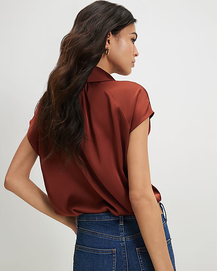 Brown Satin Short Sleeve Shirt