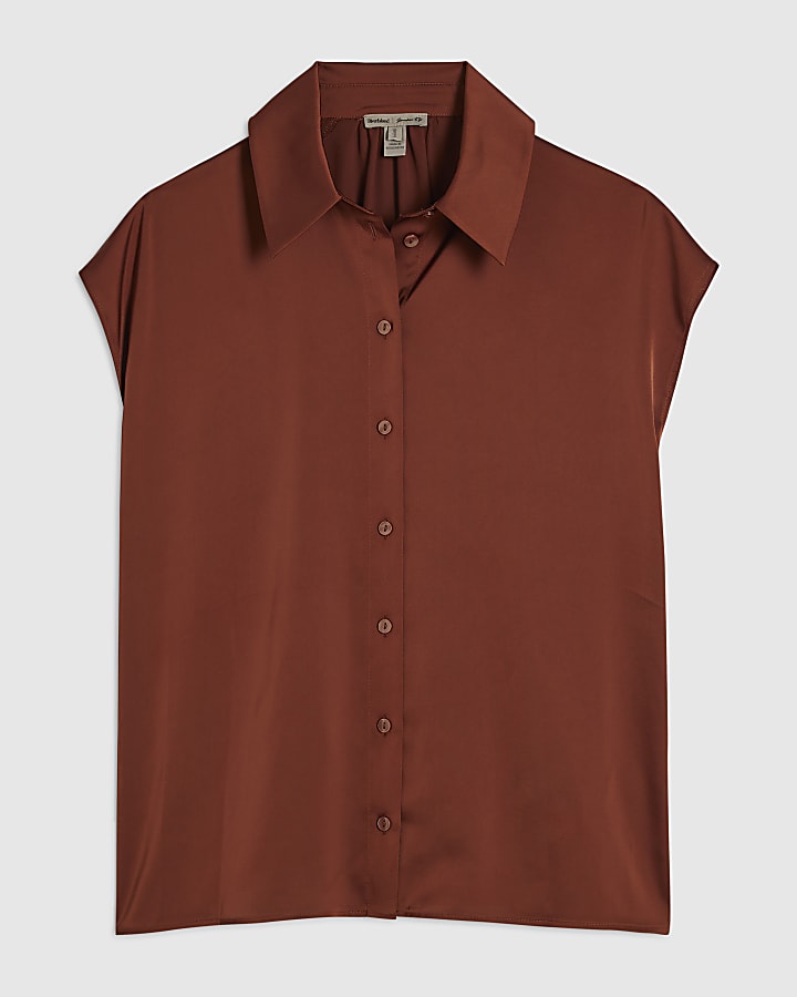 Brown Satin Short Sleeve Shirt