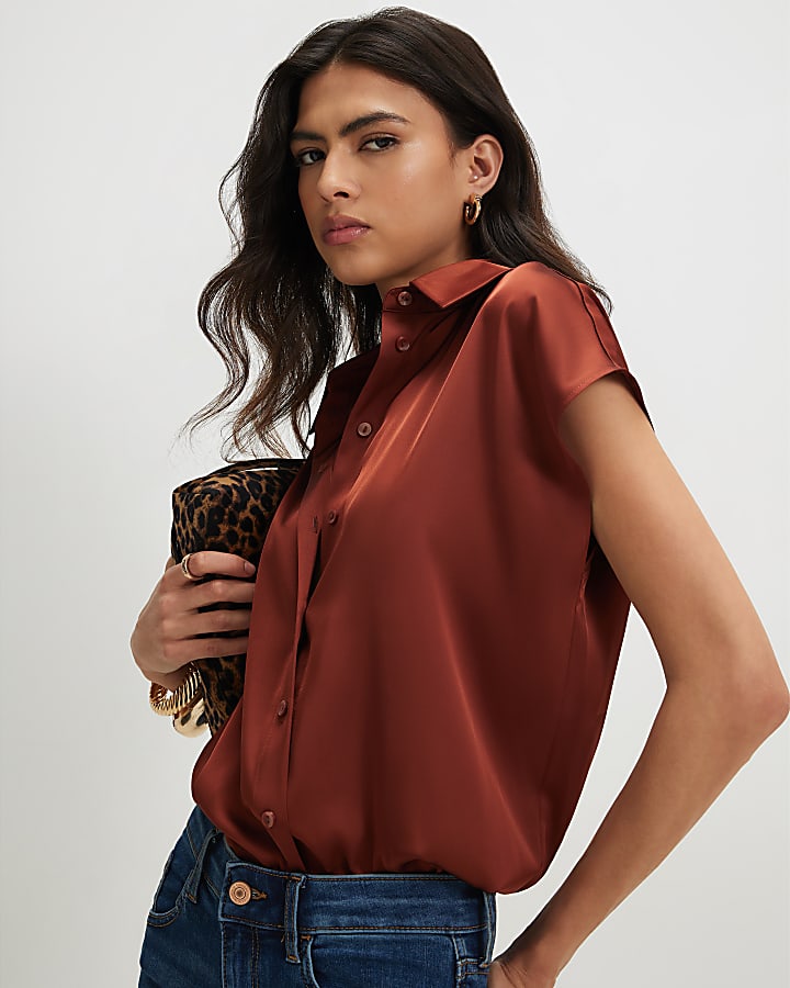 Brown Satin Short Sleeve Shirt