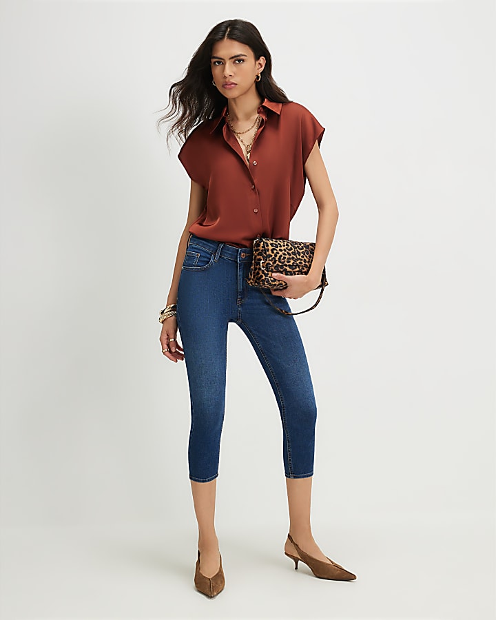 Brown Satin Short Sleeve Shirt