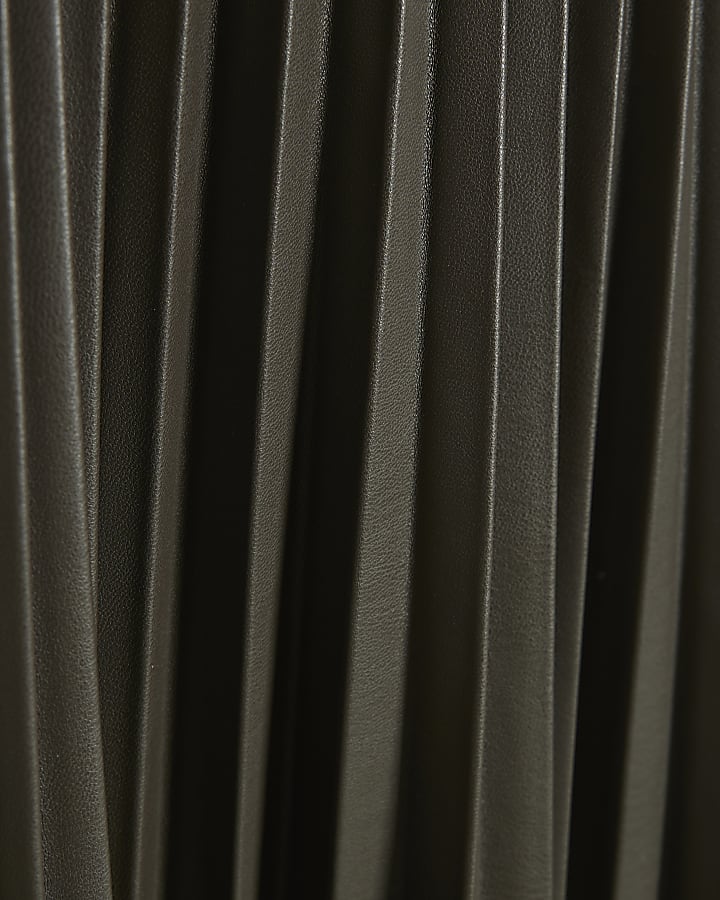 Grey Faux Leather Belted Pleated Midi Dress