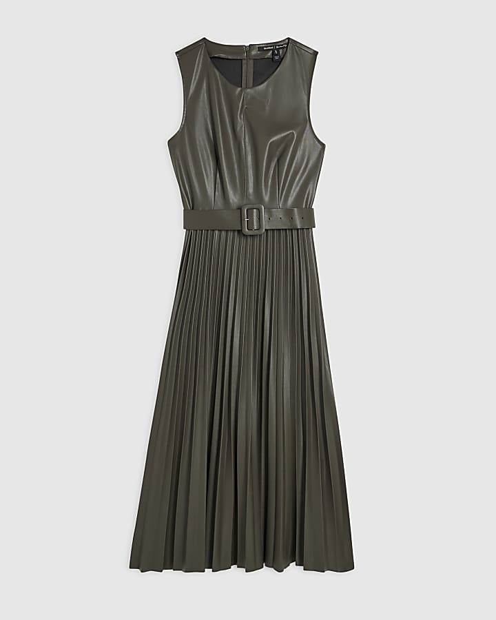 Grey Faux Leather Belted Pleated Midi Dress