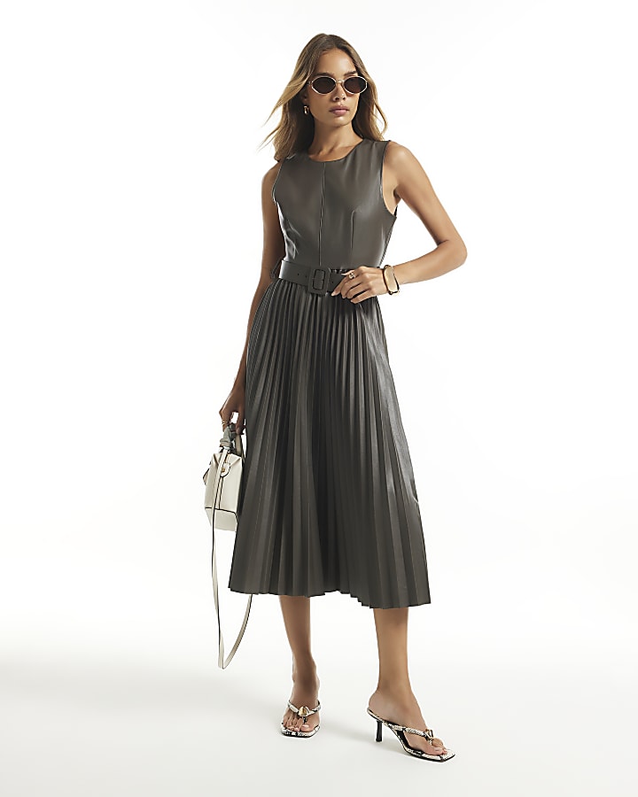 Grey Faux Leather Belted Pleated Midi Dress