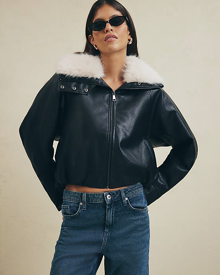 Black Faux Fur Collar Padded Jacket