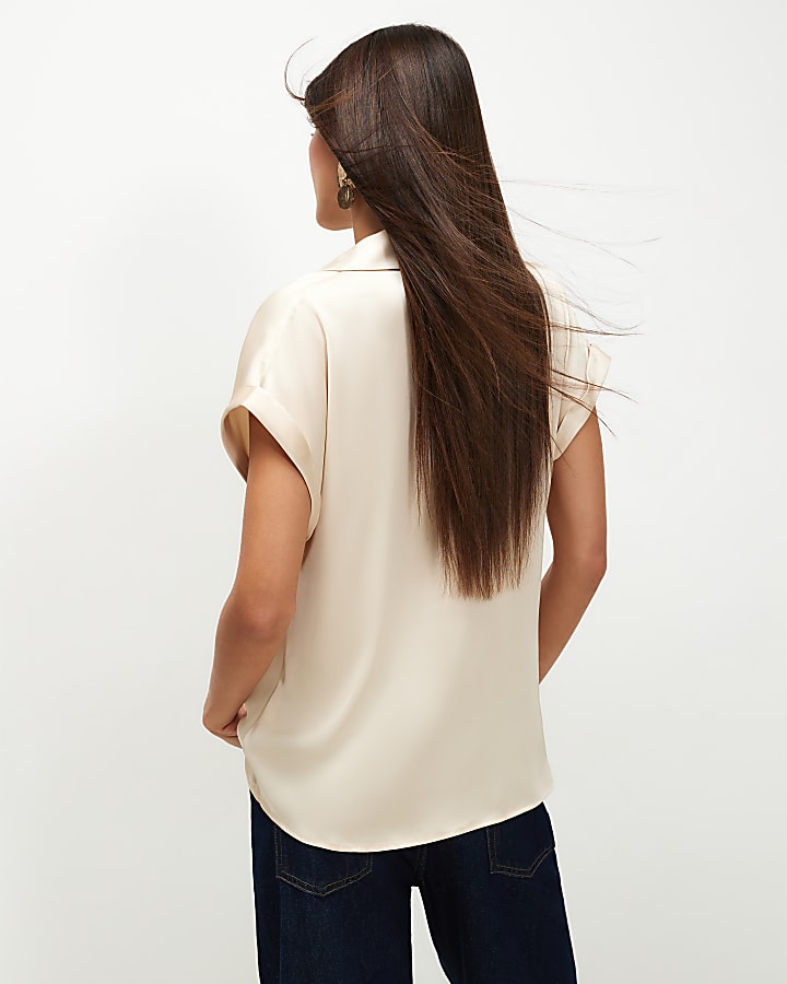 Beige Collared Satin Wrap Blouse