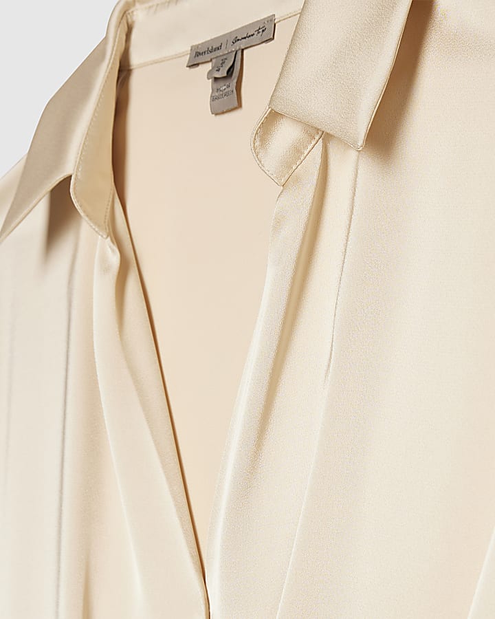 Beige Collared Satin Wrap Blouse