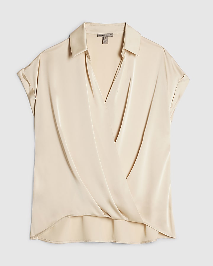 Beige Collared Satin Wrap Blouse