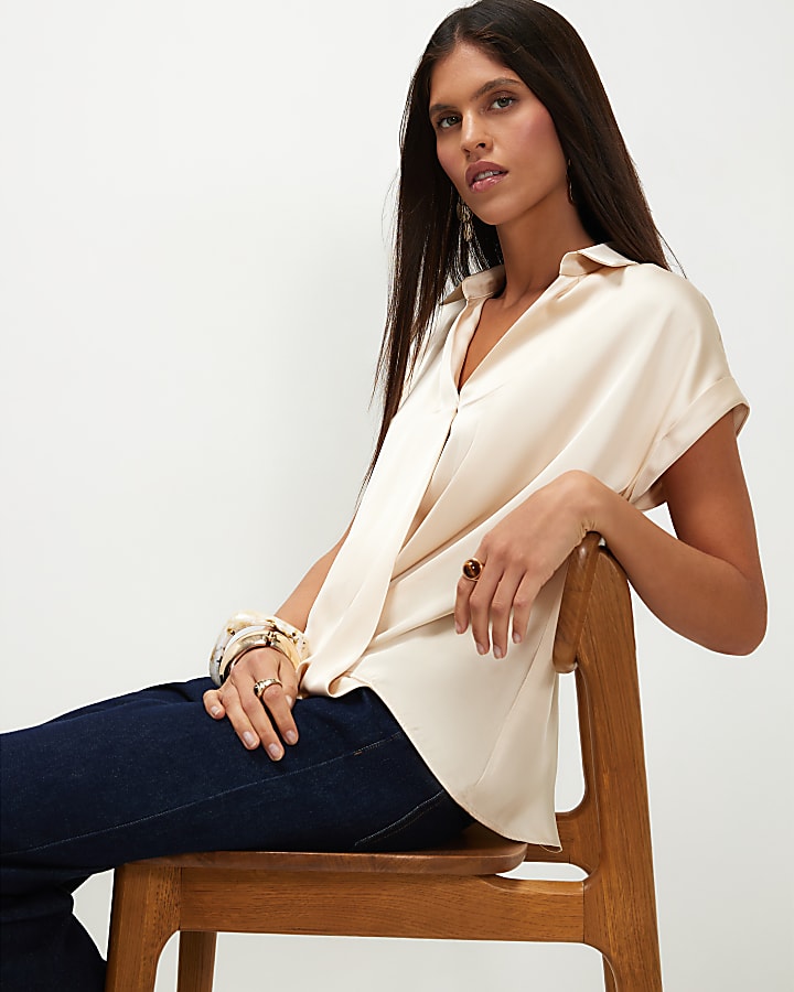 Beige Collared Satin Wrap Blouse
