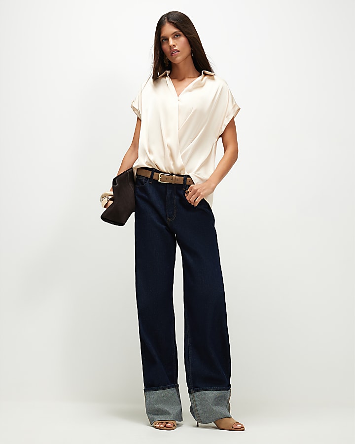 Beige Collared Satin Wrap Blouse
