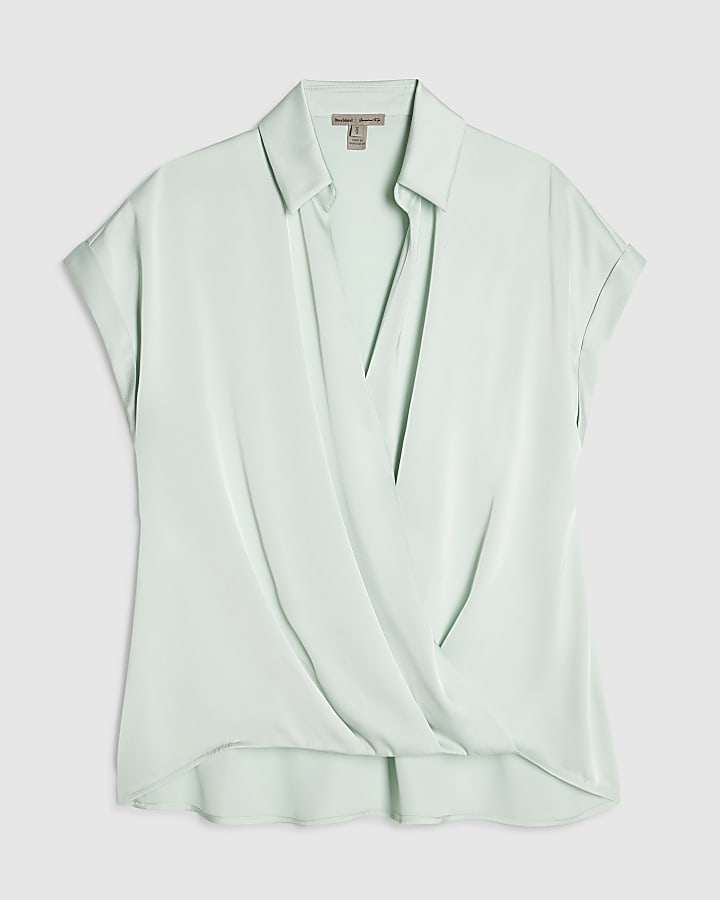 Green Collared Satin Wrap Blouse