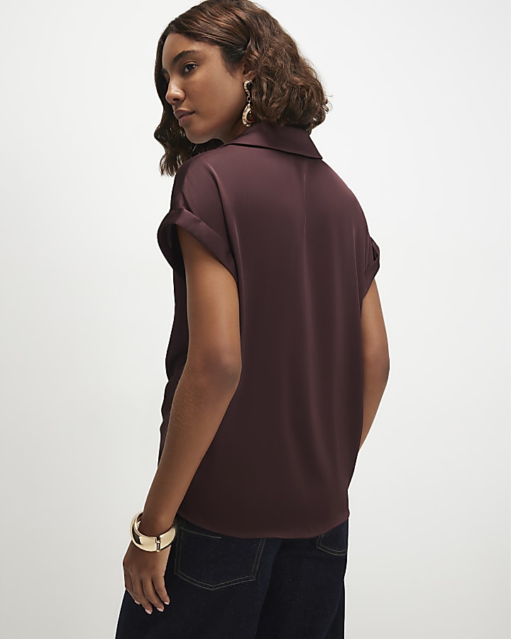 Brown Satin Collared Wrap Blouse