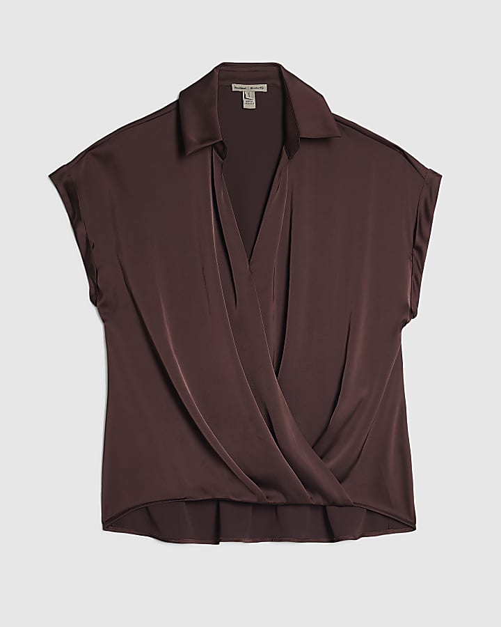 Brown Satin Collared Wrap Blouse