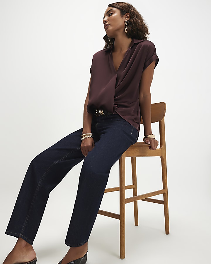 Brown Satin Collared Wrap Blouse