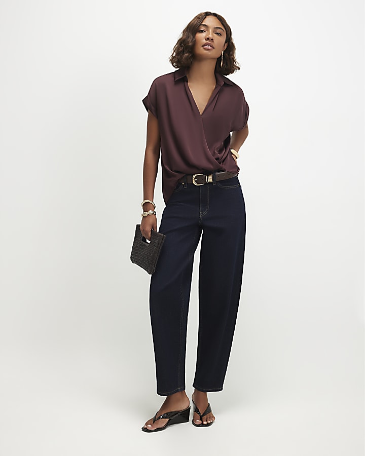 Brown Satin Collared Wrap Blouse