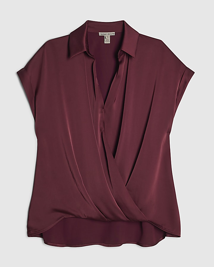 Purple Collared Satin Wrap Blouse