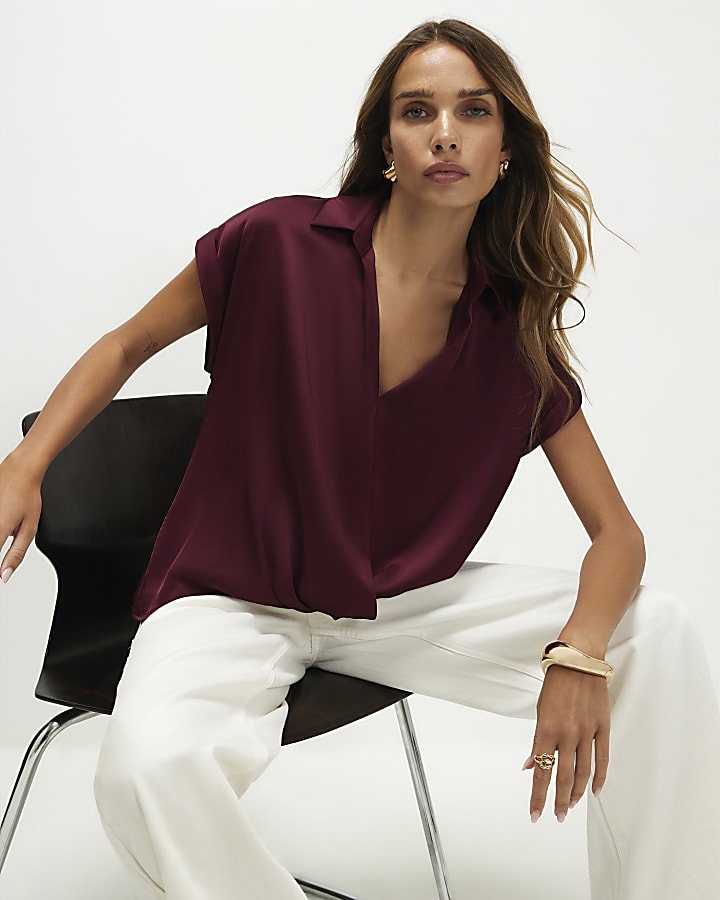 Purple Collared Satin Wrap Blouse