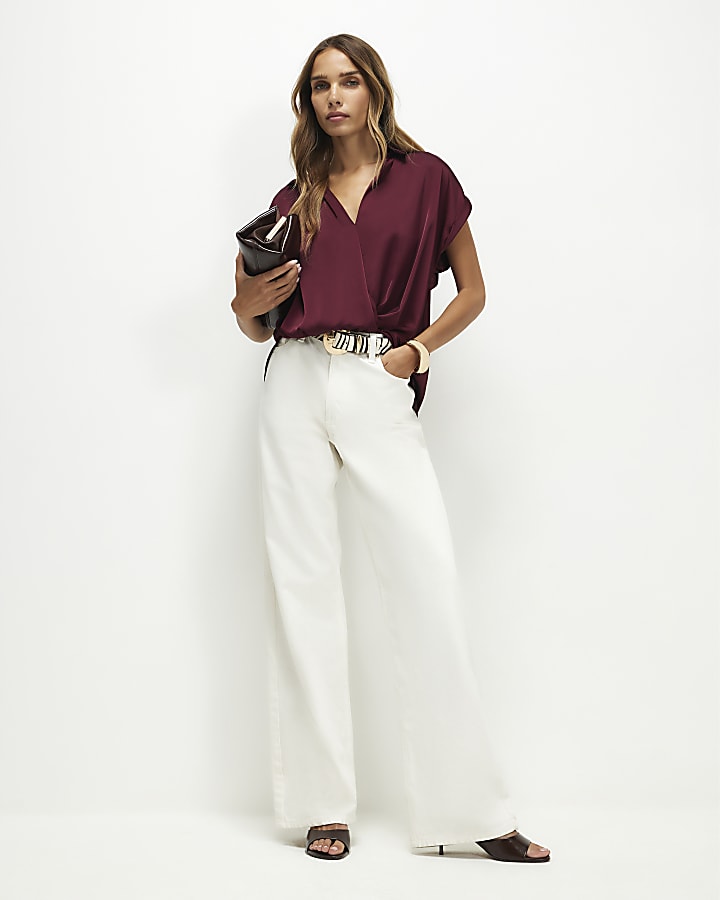 Purple Collared Satin Wrap Blouse