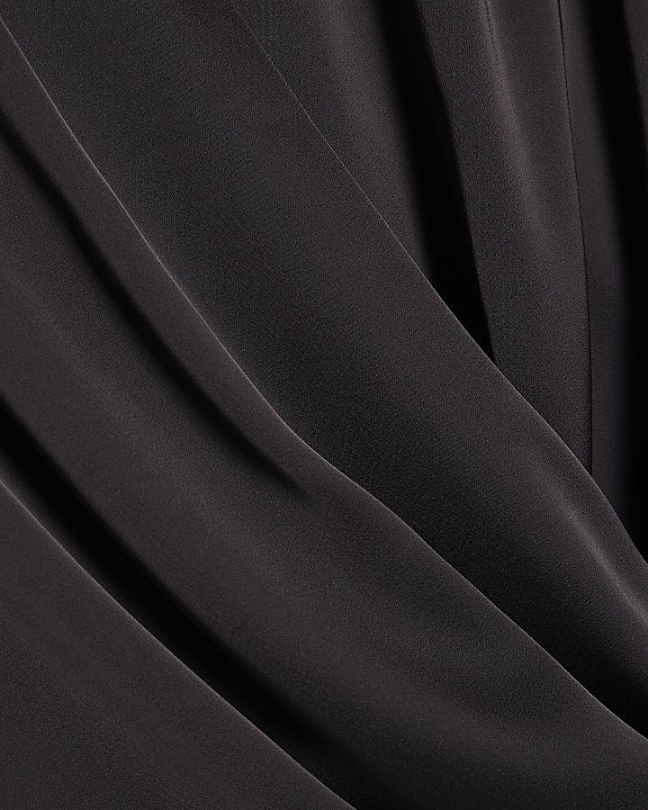Black Collared Satin Wrap Blouse